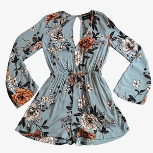 MINKPINK Women’s Floral V-Neck Short Romper Jumpsuit Flare Sleeve Blue Size S